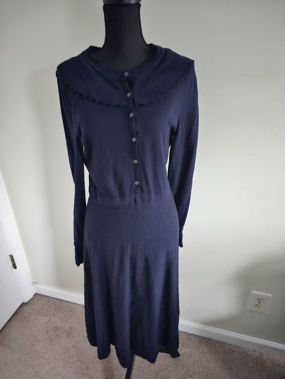 Boden Navy Fit & Flare Sweater Dress Pleated Collar US 10L